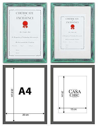 Marco de Fotos Vintage A4 con Paspartú para Foto de 15 x 20 cm - Shabby Chic Originales - Madera de Pino - 1 Marco - Anchura del Marco 2 cm - Frente de Cristal Templado - Color Turquesa y Plata