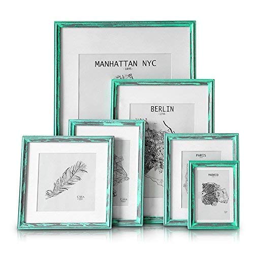 Marco de Fotos Vintage A4 con Paspartú para Foto de 15 x 20 cm - Shabby Chic Originales - Madera de Pino - 1 Marco - Anchura del Marco 2 cm - Frente de Cristal Templado - Color Turquesa y Plata