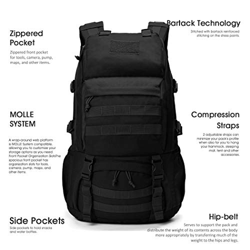 Mardingtop 40L Mochila Táctica Militar Mochilla Assault MOLLE Bolsa de Emergencia Mochilas de Senderismo para Trekking, Montañismo, Camping, Negro