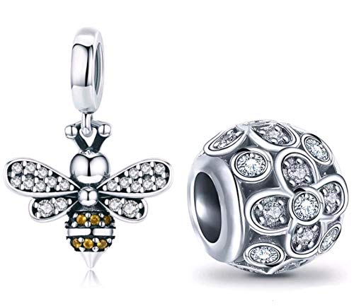 Marni's - 2 Charms Pandora Style | Regalos originales para mujer | Colgantes mujer | Compatibles Pulsera Pandora Charm Plata | Regalos para madres, amigas, novia originales (Abeja + Bolita)