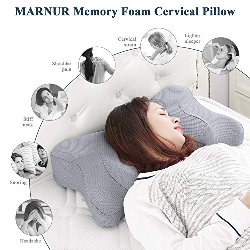 MARNUR Almohada Cervical Espuma Viscoelástica Ortopédica para Alivio del Dolor de Cuello Almohada Ergonómica (51,5 x 33,2 x 11,5 cm) +Funda de Almohada Gris