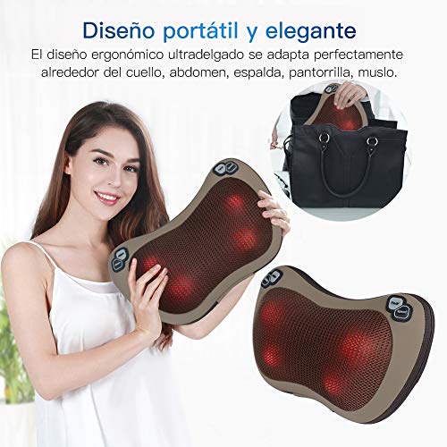 Masajeador Cervical - ESSEASON Shiatsu Cojin Masajeador con función de calentamiento 3 velocidades ajustables Los Nódulos de Amasamiento Profundo 3D giran Casa Oficina y Coche Uso