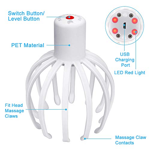 Masajeador de cabeza cuero cabelludo, CestMall Rascador de cabeza eléctrico con luz roja LED y 2 modos de masaje Pulpo Masajeador de la salud para la estimulación del cabello y la relajación profunda