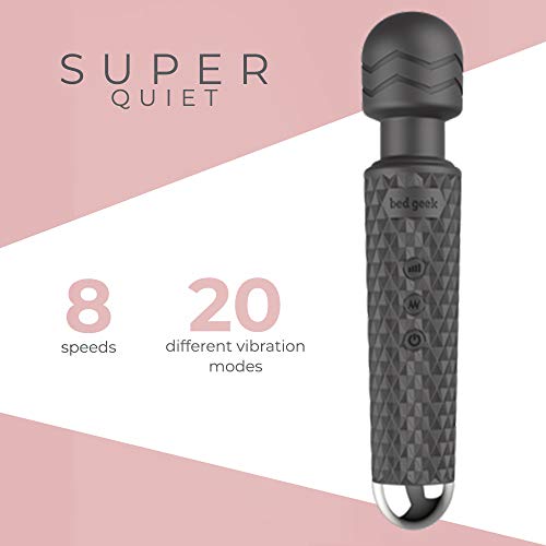 Masajeador de Varita con Nueva Característica de Memoria de bed geek Masaje Eléctrico de Mano Inalámbrico Varita de Silicona Suave 20 Patrones 8 Velocidades Negro