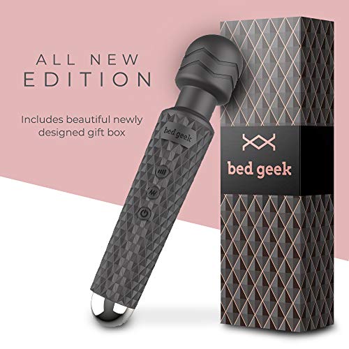 Masajeador de Varita con Nueva Característica de Memoria de bed geek Masaje Eléctrico de Mano Inalámbrico Varita de Silicona Suave 20 Patrones 8 Velocidades Negro