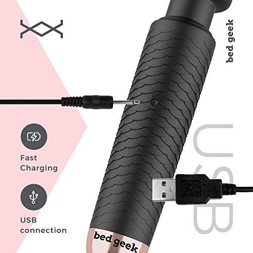 Masajeador de Varita de bed geek Inalámbrico de mano Masaje eléctrico Piel Suave Silicona 25 patrones USB resistente al agua Alivio de estrés Recargable Recuperación deportiva Negro