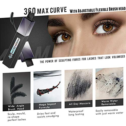Máscara de pestañas 360 Max Curve con fórmula seda 4D, color negro, resistente al agua, para pestañas extra largas, alargamiento natural y mayor espesor.