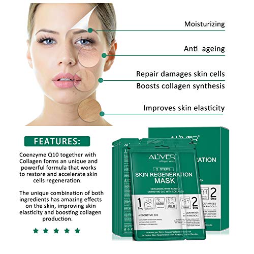 Mascarilla facial hidratante, paquete de 5 con esencia de colágeno Coenzima Q10, antienvejecimiento, antioxidante, suaviza la piel, fortalece la primavera de la piel