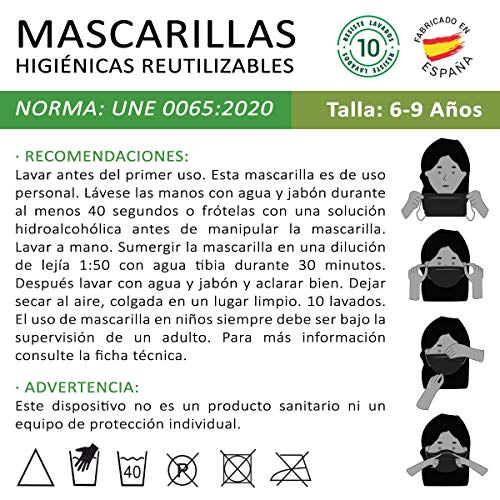 Mascarillas para niños Higienizantes Reutilizables con licencia - 10 lavados - Fabricadas en España (6-9 años, Superzings)