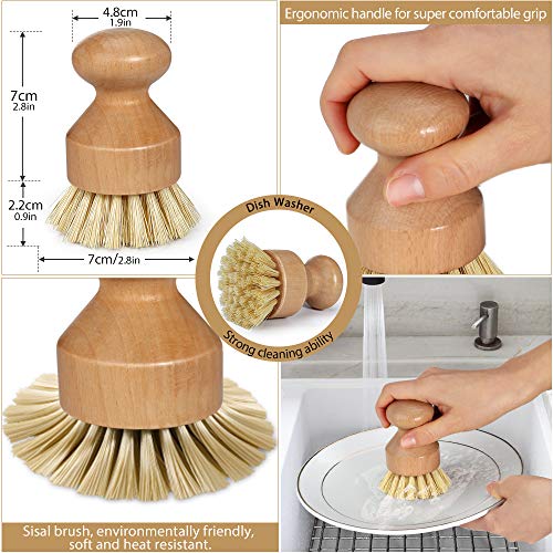 Master Top - Juego de 4 cepillos de bambú con 2 paños de limpieza Luffa, cepillo para botellas, cepillo redondo, cepillo ovalado para cocina