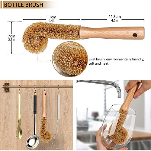 Master Top - Juego de 4 cepillos de bambú con 2 paños de limpieza Luffa, cepillo para botellas, cepillo redondo, cepillo ovalado para cocina