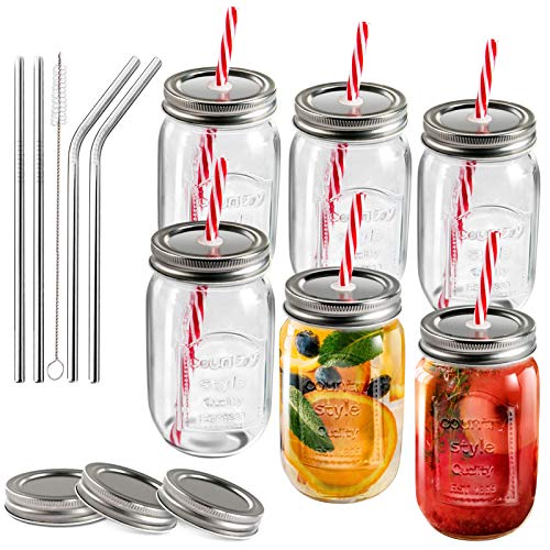 MASTERTOP Juego de 6 Vasos de Vidrio con Tapas y Pajitas 500ML Mason Jars Tarros de Cristal Botellas de Vidrio 100% Recicladas 3 Tapas de Cierre sin Poros Adicionales Cocina