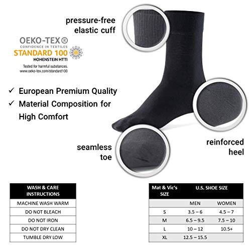 Mat & Vic’s Calcetines Clásicos de Vestir para Hombre y Mujer, Algodón, Certificado Oeko-Tex 100, cómodos (10 pares, negro, UK 9-12 / EU 43-46)