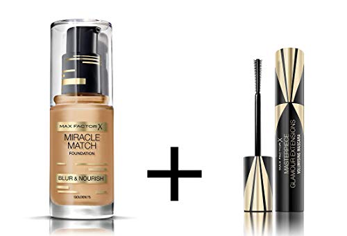 Max Factor duo maquillaje – Base de maquillaje Miracle Match (75 dorado) + máscara de pestañas, color negro