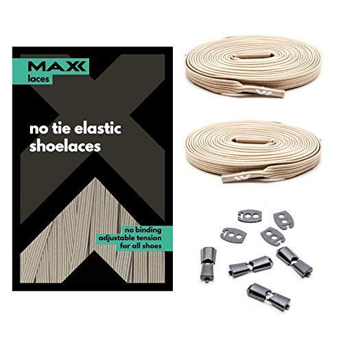 MAXX laces Cordones elásticos y planos, tensión ajustable para no tener que atar los zapatos, fáciles de usar, compatibles con todos los zapatos (beige)