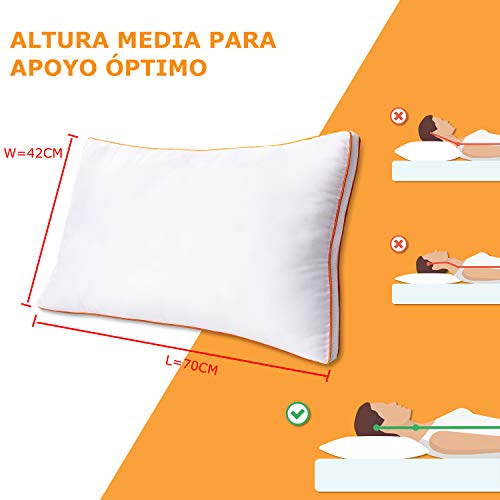 Maxzzz Almohadas Antiácaros Pack 2 Almohadas de Hotel 42x70 cm Almohadas Transpirable Firmeza Media con Suave Fibra 3D +Fibra de Soporte 7D