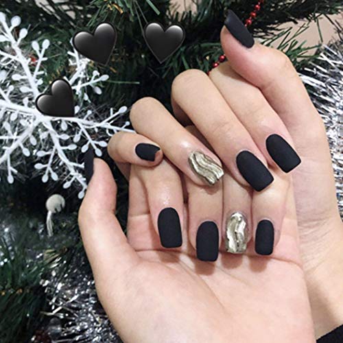 Mayelia Uñas Postizas Mate Uñas Postizas negras 24 Piezas Cubierta Completa Artes Arcílicas Prensa cuadrada larga en Uñas para Mujeres y Niñas