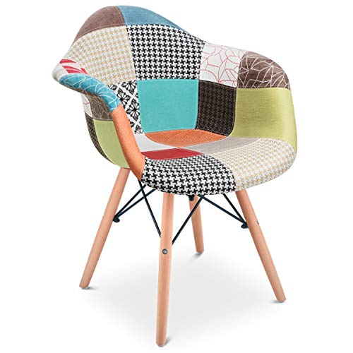 Mc Haus AURA Patchwork - Pack 2 Sillones Comedor estilo Vintage patchwork tower, Butaca con reposabrazos y diseño tapizado con patas de Madera Maciza 54x64x80cm