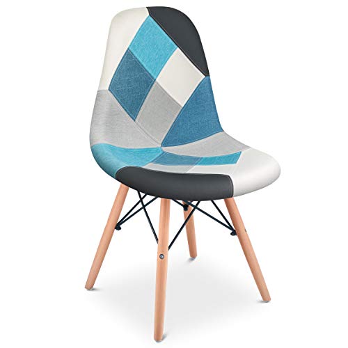 Mc Haus SENA Patchwork - Pack 2 Sillas comedor vintage patchwork tower multicolor azul diseño tapizado sillas salon estilo retro diseño tower 49x46x84cm