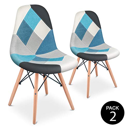 Mc Haus SENA Patchwork - Pack 2 Sillas comedor vintage patchwork tower multicolor azul diseño tapizado sillas salon estilo retro diseño tower 49x46x84cm