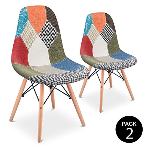 Mc Haus SENA Patchwork - Pack 2 Sillas comedor vintage patchwork tower multicolor verde diseño tapizado sillas salon estilo retro diseño tower 49x46x84cm