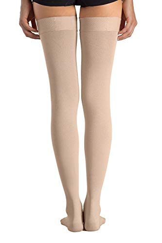 MD Medias de Compresión Opacas de Microfibra muslo alto, Soporte Firme de Punta Abierta 23-32 mmHg para Venas Varicosas, Edema, Venas Arácnidas NudeS