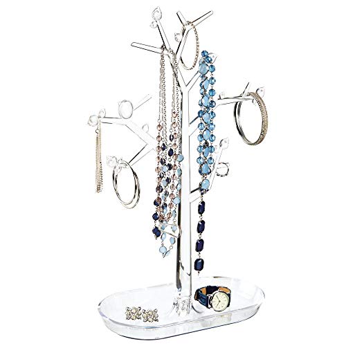 mDesign Árbol Organizador de Joyas para Colgar Collares, Pendientes, Anillos y más – Joyeros Originales con Ganchos y Estante – Colgador de Collares de pie en plástico – Transparente