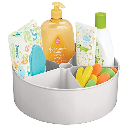 mDesign Bandeja organizadora para el Cuarto Infantil – Organizador de Accesorios con 5 Compartimentos y Bordes Altos – Caja giratoria de plástico para pañales y Otros Accesorios de bebé – Gris Claro