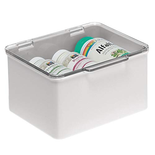 mDesign Cajón de plástico sin BPA – Caja con tapa de diseño apilable, ideal para organizar la cocina, la habitación infantil o el baño – Cajas de ordenación multiusos – gris claro y transparente