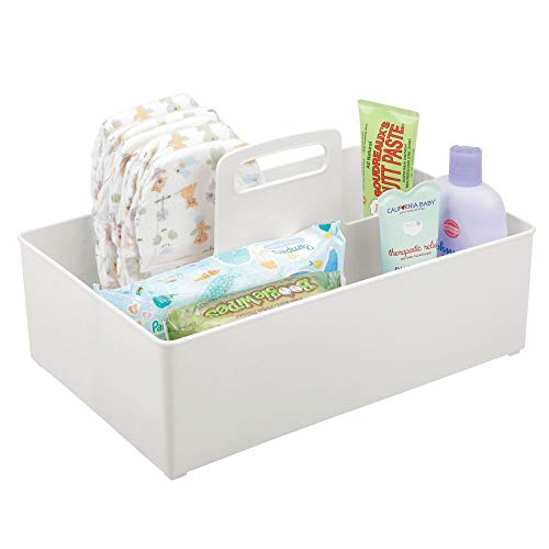 mDesign Cesta organizadora con 2 Compartimentos para artículos de bebé – Cesta con asa de plástico – Práctica Cesta Multiusos para cremas, termómetro, Juguetes, Alimentos, etc. – Gris Claro