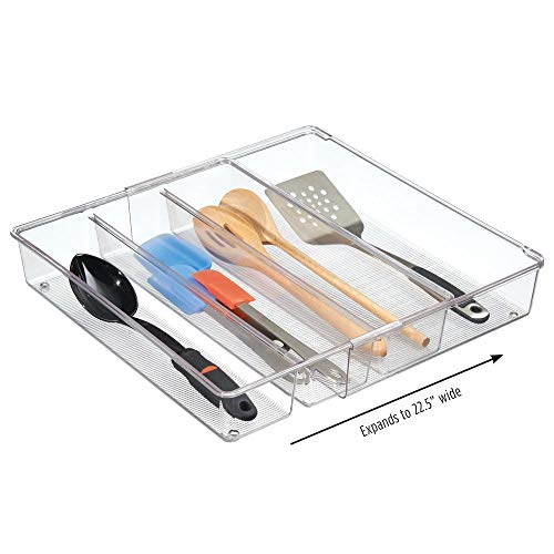mDesign Cubertero para cajón extensible – Organizador de cubiertos para cajones – Separador de cajones para diversos utensilios de cocina – Color: transparente – 4 compartimentos