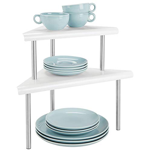 mDesign Estantería esquinera con 2 niveles – Baldas de cocina para rincones de encimeras e interiores de armarios – Estantes de metal y acero con 2 alturas para la cocina – blanco mate y plateado mate