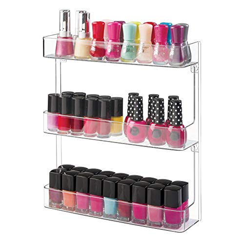 mDesign Estantes para esmaltes de uñas – Elegante organizador de cosméticos para el baño – Prácticos estantes de pared para guardar medicamentos – 3 baldas – Transparente