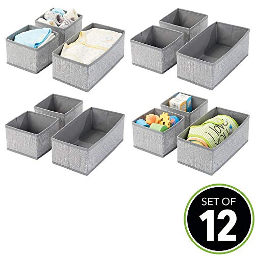 mDesign Juego de 12 cajas organizadoras – Cestas de tela transpirables con diseño de espiga para pañales, baberos, etc. – Versátiles organizadores de cajones para habitación infantil – gris