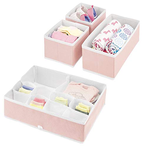 mDesign Juego de 4 Cajas organizadoras para Cuarto Infantil – Elegantes cestas de Tela de Diferentes tamaños – Organizadores para armarios de Fibra sintética Transpirable – Rosa Claro/Blanco