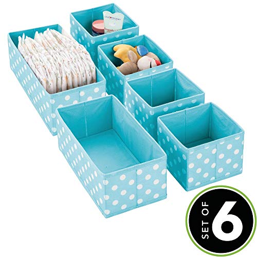 mDesign Juego de 6 Cajas de almacenaje para habitación Infantil, baño, etc. – Cestas organizadoras de Lunares – 6 organizadores de armarios de Fibra sintética en Dos tamaños – Turquesa/Blanco
