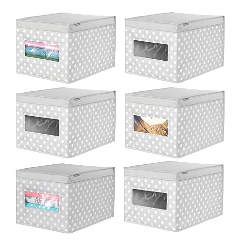 mDesign Juego de 6 Cajas organizadoras apilables – Organizador de armarios Grande para habitación Infantil – Caja con Tapa abatible y Ventana para Guardar Ropa – Gris y Blanco