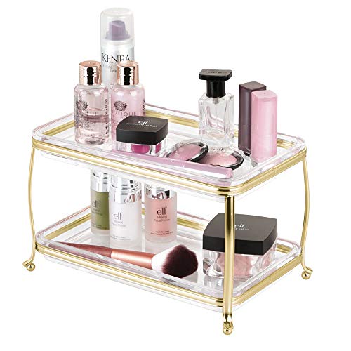 mDesign Organizador de cosméticos también como caja para joyas – Caja para maquillaje y joyas elegante para cada habitación – Organizador de maquillaje con 2 alturas – latón/transparente