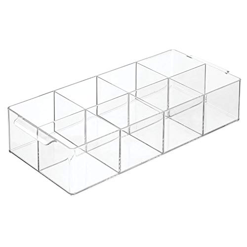 mDesign Organizador de maquillaje con 8 apartados – Caja con compartimentos para guardar cosméticos – Expositor de maquillaje para lavabo o cómoda para guardar pintaúñas, labiales y más – transparente
