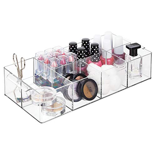 mDesign Organizador de maquillaje con 8 apartados – Caja con compartimentos para guardar cosméticos – Expositor de maquillaje para lavabo o cómoda para guardar pintaúñas, labiales y más – transparente
