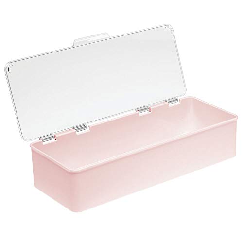 mDesign Organizador de maquillaje con tapa para polvos de tocador, labiales y más – Cajas de plástico apilables – Caja para cosméticos para lavabo, estante o cajón – rosa claro y transparente