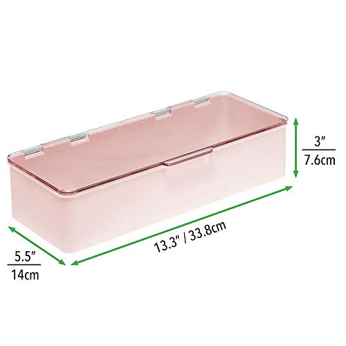 mDesign Organizador de maquillaje con tapa para polvos de tocador, labiales y más – Cajas de plástico apilables – Caja para cosméticos para lavabo, estante o cajón – rosa claro y transparente