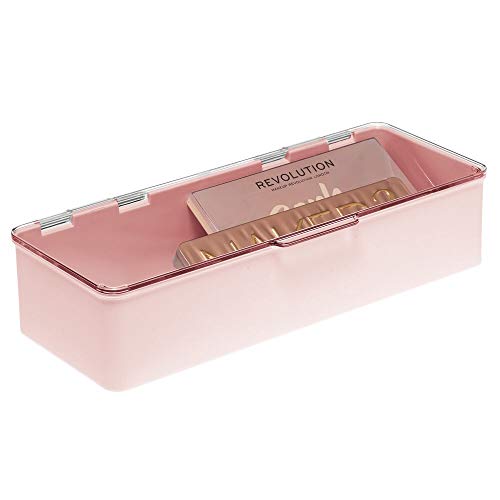mDesign Organizador de maquillaje con tapa para polvos de tocador, labiales y más – Cajas de plástico apilables – Caja para cosméticos para lavabo, estante o cajón – rosa claro y transparente