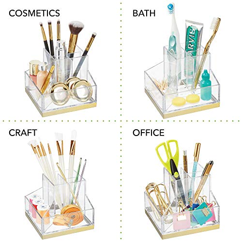 mDesign Organizador de maquillaje – Soporte para maquillaje con 6 casillas para pintalabios, rímel, etc. – Organizador de cosméticos de plástico para el lavabo o tocador – transparente y latón