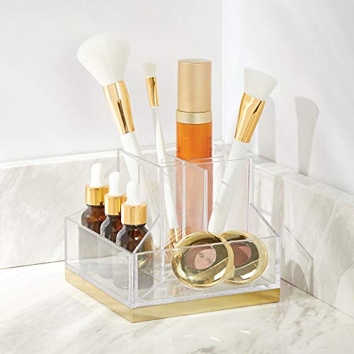 mDesign Organizador de maquillaje – Soporte para maquillaje con 6 casillas para pintalabios, rímel, etc. – Organizador de cosméticos de plástico para el lavabo o tocador – transparente y latón