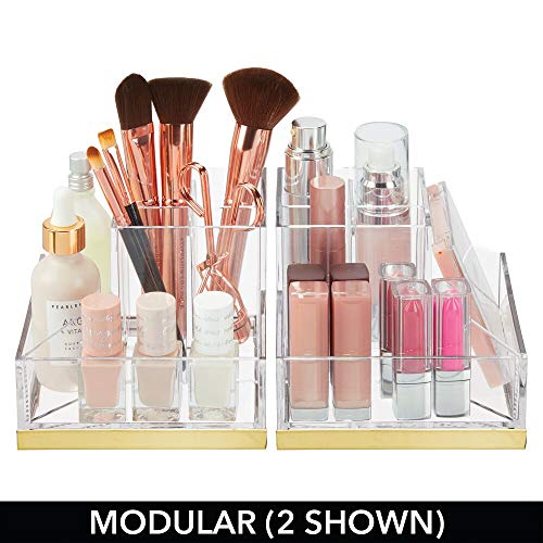 mDesign Organizador de maquillaje – Soporte para maquillaje con 6 casillas para pintalabios, rímel, etc. – Organizador de cosméticos de plástico para el lavabo o tocador – transparente y latón