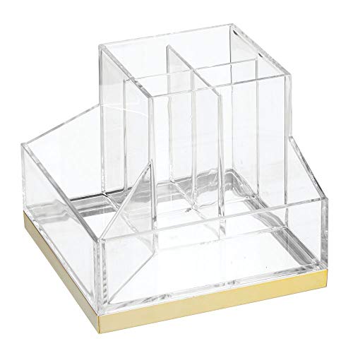 mDesign Organizador de maquillaje – Soporte para maquillaje con 6 casillas para pintalabios, rímel, etc. – Organizador de cosméticos de plástico para el lavabo o tocador – transparente y latón