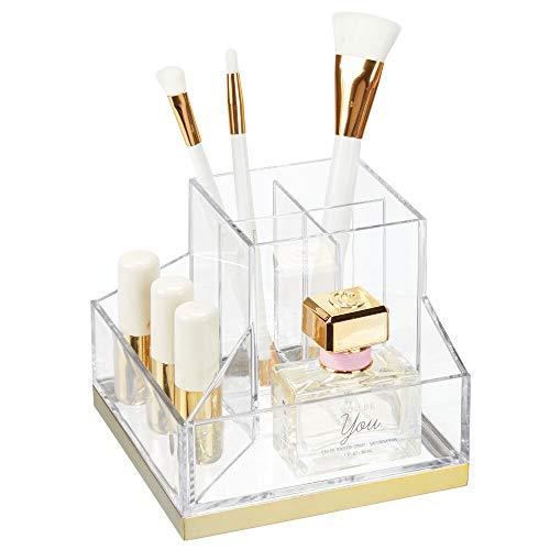 mDesign Organizador de maquillaje – Soporte para maquillaje con 6 casillas para pintalabios, rímel, etc. – Organizador de cosméticos de plástico para el lavabo o tocador – transparente y latón