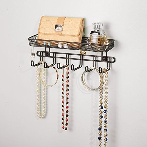 mDesign Práctico organizador de joyas para pared– Con 6 ganchos y 2 compartimentos - Mueble joyero para anillos, gafas, collares, pendientes y demás accesorios – Joyero con ganchos – Color: bronce