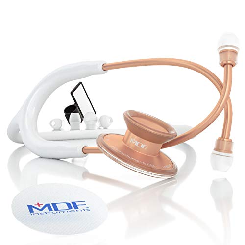 MDF® Acoustica® Deluxe Estetoscopio ligero de doble cabeza - Garantía de por vida & Programa-piezas-gratuitas-de-por-vida - (MDF747XP) (Oro Rosa y Blanco)
